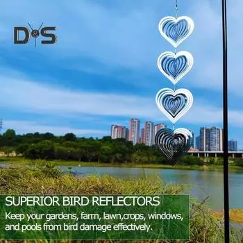 3D Любовь Сердце Ветер Спиннер Птица Отражатель Высокоотражающий Крытый Открытый Сад Двор Ферма Подвесной Металлический Звонок Отпугивающий Птиц Орнамент Подвеска серебряный