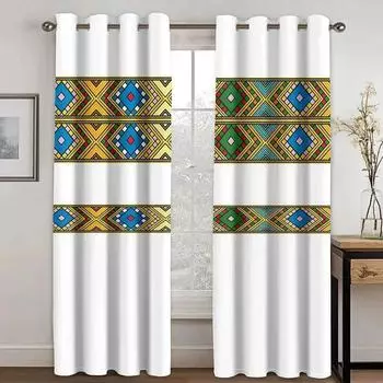 3D Luxury Gold Ethiopian Eritrean Traditional Boho Saba Window Curtains 2Pcs Thin Drapes for Living Room Bedroom Window Decor W75X166H(cm)x2Pcs&Hook
