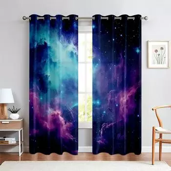 3D Magic Stars Curtains Planet Saturn Jupiter Kids Room Decor Living Room Bedroom Kitchen Balcony Window Curtains 2 pcs 50W130H(CM)X2PCS&Grommet Top
