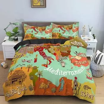 3D Mediterranean Map Bedding Set Luxury Duvet Cover Vintage Sailboat Adventure Bedclothes King Double Twin Single 70x133cm 2pcs