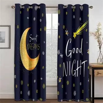 3D Медведь Спокойной ночи Звезды Синие Креативные Шторы 2 Панели Подходит для Детской Комнаты Гостиной Балкона Окна Украшения 50W130H(CM)X2PCS&Grommet Top