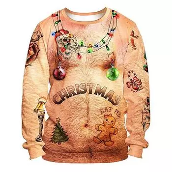 3d Mens Christmas Graphic Print Xmas Hoodie Sweatshirt Pullover Jumper Tops Christmas Hairy Chests,L