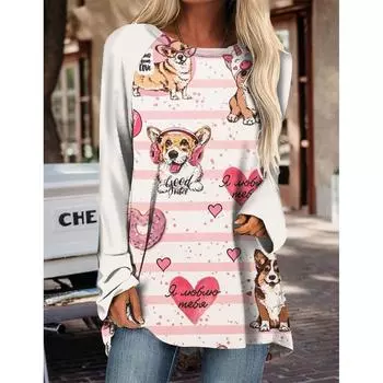 3D Милая Собака Печать Круглый вырез Женские футболки Длинные рукава Нижняя рубашка Повседневные свободные топы Футболки Дышащий свитер Зима M