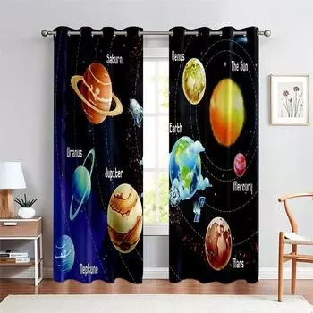 3D Milky Way Planet Curtains Beautiful Starry Sky Fit Living Room Bedroom Kitchen Balcony Window Decoration 2 Panels 50W130H(CM)X2PCS&Grommet Top