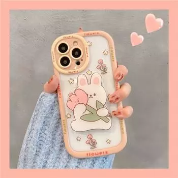 3d милый кролик мультфильм цветок противоударный держатель-бампер Чехлы для телефонов для Iphone 14 11 12 13 Pro Max мягкая задняя крышка чехол For iPhone 12 Pro