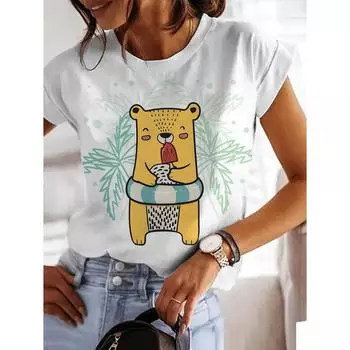 3D Милый мультфильм Печатный женский футболка Летний О-образный вырез Повседневный короткий рукав Топы Женский Свободный Модный Пуловер Для Дам Повседневный XL