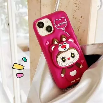 3D милый забавный мультяшный чехол-подставка для телефона Lotso Hat Labubu для iPhone 16 15 14 13 12 11 Pro Max мягкий силиконовый чехол iPhone 12 Pro Max красный