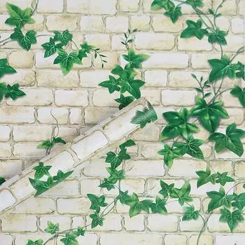 3D-моделирование белого кирпича с обоями из зеленых листьев 45CM x 1M