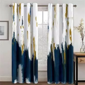 3D Modern Progressive Blue Gold Gray Abstract Art Line 2 Pieces Living Room Bedroom Window Decor Thin Curtains 50W130H(CM)X2PCS&Grommet Top