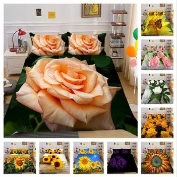 3D модный комплект постельного белья с цветочным узором, пододеяльник и наволочка, 2 или 3 принта роз или подсолнухов, моющиеся и удобные постельные принадлежности UK Single 135x200cm