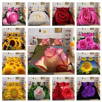 3D модный комплект постельного белья с цветочным узором, пододеяльник и наволочка, 2 или 3 принта роз или подсолнухов, моющиеся и удобные постельные принадлежности UK Single 135x200cm