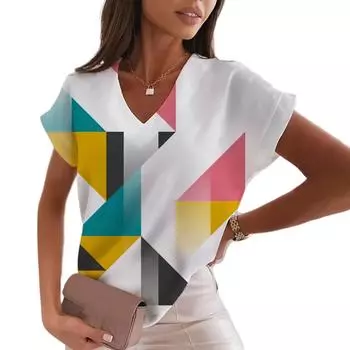 3D модный принт прозрачная черно-белая клетка повседневная одежда летняя женская классическая свободная милая футболка с V-образным вырезом с коротким рукавом S