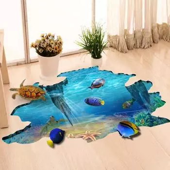 3D Море Подводный Мир Рыба Черепаха Наклейки На Стену Комнаты Стены Наклейки На Пол