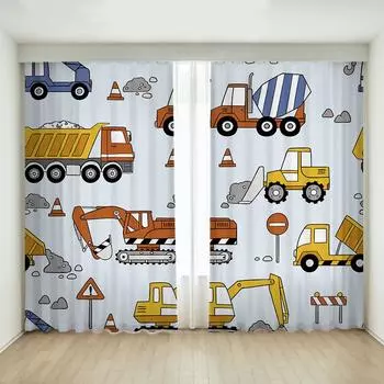 3D мультфильм желтый экскаватор подъемник игрушечный автомобиль цифровая печать занавеска для детей мальчиков спальня жалюзи крючки штанга карман 2x50W130H(CM)&Grommet Top
