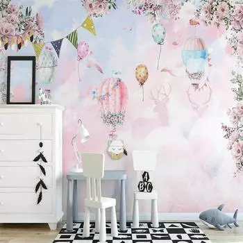 3D мультяшная фреска воздушный шар розовые облака цветы обои для детей девочек спальня гостиная фон настенные фрески 200 cm(W) x 140 cm(H)