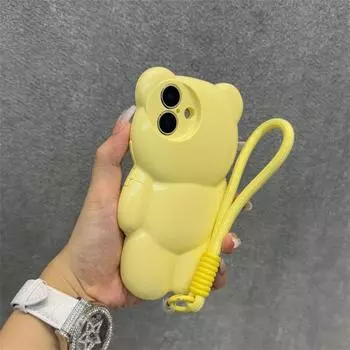 3D Мультяшный Мишка Ремешок на Запястье Шнурок Чехол для Телефона для iPhone 16 15 14 13 12 11 Pro Max Plus Милый Сладкий Силиконовый Противоударный Чехол iPhone 16 Pro Max