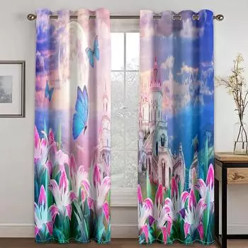 3D мультяшный замок мечты шторы растительные цветочные шторы 2 шт детская комната для девочек гостиная спальня балкон кабинет декор 50W130H(CM)X2PCS&Grommet Top
