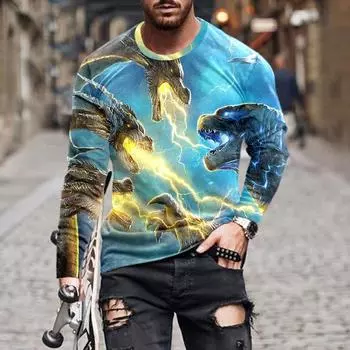 3D мужская одежда футболка с длинными рукавами и круглым вырезом с цифровой печатью футболки серии Godzilla S