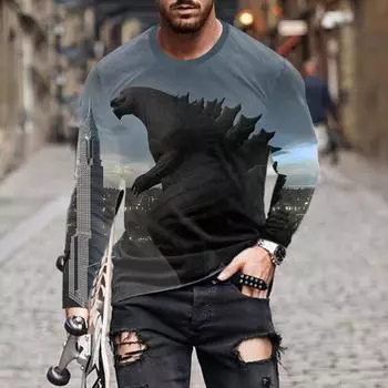 3D мужская одежда футболка с длинными рукавами и круглым вырезом с цифровой печатью футболки серии Godzilla XL