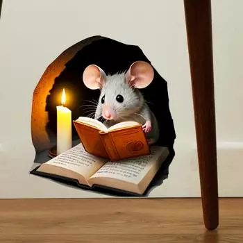 3D-наклейка на стену «Мышь, читающая книгу» — съемная наклейка из ПВХ для декора спальни и офиса, искусство самоклеящейся наклейки (2 стиля) #01