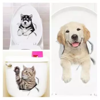 3D наклейки для туалета с кошками и собаками, наклейки на стену с милыми животными, украшения дома, художественные виниловые наклейки для ванной комнаты, водонепроницаемые