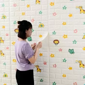 3D наклейки на стену с героями мультфильмов, самоклеящиеся пенопластовые кирпичные наклейки для комнаты, сделай сам, 3D обои, Настенный декор, Наклейка на стену для гостиной для детской комнаты 1Pc розовый/белый