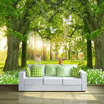 3D настенная роспись «Свежий лес», обои с оленями и птицами для гостиной, спальни, офиса, детской комнаты 200 cm(W) x 140 cm(H)