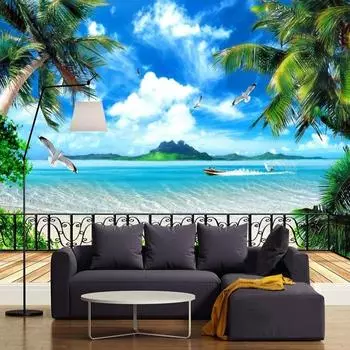 3D настенные фрески Обои Современный пляж Балкон Пейзаж За окном Вид на море Настенная живопись Гостиная Телевизор Диван Обои 200 cm(W) x 140 cm(H)