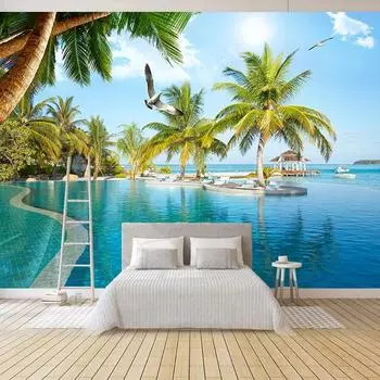 3D настенные обои современный креативный вид на бассейн с кокосовыми пальмами природный пейзаж фото обои гостиная спальня домашний декор фреска 300cm (W) x 200cm (H)