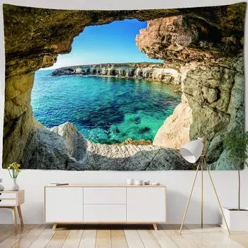 3D настенный гобелен Пейзаж Искусство Таинственная пещера Океан Настенный гобелен Триповый настенный гобелен Комната Фон Ткань Украшение W150xH130cm