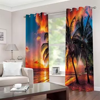 3D натуральный пляж море дерево пальмовый лист закат современный 2 шт. бесплатная доставка тонкая оконная штора для спальни гостиная домашний декор 100W130H(CM)40x51in&Rod Pocket