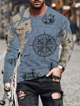 3D навигационная карта футболки с длинным рукавом графическая футболка для мужчин весенняя винтажная повседневная футболка с круглым вырезом хорошо сочетаются пуловеры топы