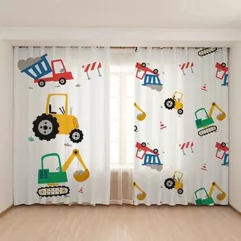 3D New Cute Blue Yellow Toy Car Excavator Curtain for Children s Room Boys Bedroom Baby Room kindergarten Window 2Panel New Patt W65X60H(cm)X2Pcs&Hook