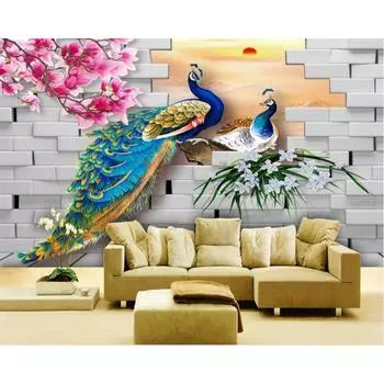 3d обои павлин магнолия кирпичная стена фреска украшение дома гостиная спальня 3d обои 200 cm(W) x 140 cm(H)