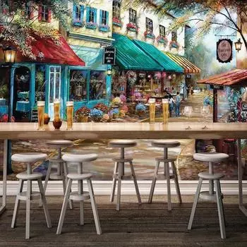 3D обои Ретро ручная роспись в европейском стиле Уличное здание Ресторан Кафе Фреска Фон Настенный декор Фреска 200 cm(W) x 140 cm(H)