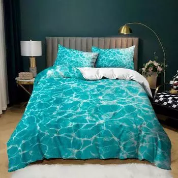 3D Ocean Waves Duvet Cover Set Queen/King for Boy Girl Teens Bedroom Hotel Microfiber Bedding Set Comforter Cover White To Blue 70x133cm 2pcs