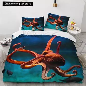3D Octopus Duvet Cover King Queen Size Cute Cartoon Ocean Animal Bedding Set for Kids Teens Sealife 2/3pcs Polyester Quilt Cover EU single(135x200cm)