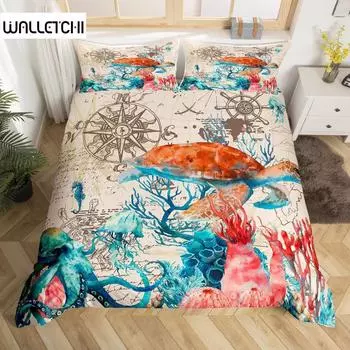 3D Octopus Sea Turtle Duvet Cover Retro Sailboat Crab Reptile Bedding Set Marine Mediterranean Style Jellyfish Comforter Cover EU single(135x200cm)