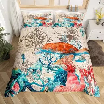 3D Octopus Sea Turtle Duvet Cover Retro Sailboat Crab Reptile Bedding Set Marine Mediterranean Style Jellyfish Comforter Cover EU single(135x200cm)