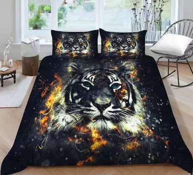 3D ОДЕЯЛО ОДЕЯЛО ОДЕЯЛО постельное белье выстиранное микрофибра 2 / 3 комплект печатных постельных принадлежностей Комплект 3D Огонь тигр печатный пуховое одеяло Комплект постельных принадлежностей UK Single 135x200cm
