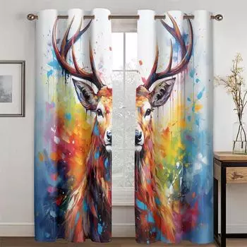 3D Oil Painting Elk Curtains European and American Style Colorful Living Room Bedroom Kitchen Balcony Window Curtains 2 pcs 50W130H(CM)X2PCS&Grommet Top