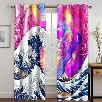 3D Океанские волны Великолепные цвета Волшебный декор 2 панели Гостиная Спальня Кухня Балкон Окно Декор Шторы 50W130H(CM)X2PCS&Grommet Top