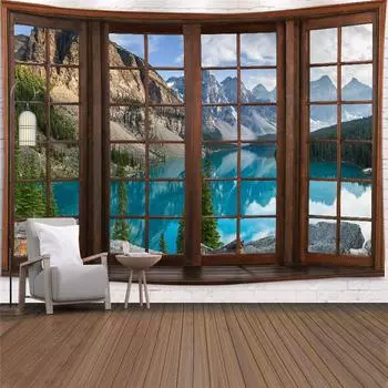 3D оконный пейзаж, гобелен с горами, настенный гобелен с лавандовым деревом и озером, украшение для дома, гостиной 100X75CM