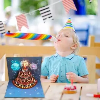 3D-открытка на день рождения с музыкальными огнями, выдувной торт, подарок-сюрприз, трехмерная полая поздравительная открытка синий