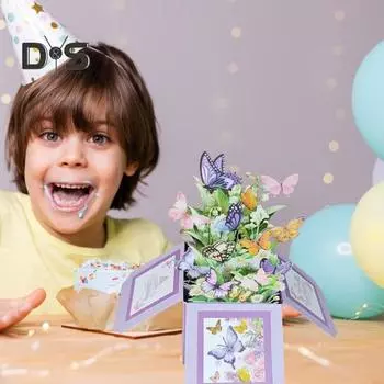 3D открытка с днем рождения, всплывающая бабочка, букет, подарочная коробка, поздравительная открытка на день рождения для семьи и друзей фиолетовый