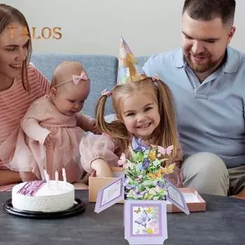 3D открытка с днем рождения, всплывающая бабочка, букет, подарочная коробка, поздравительная открытка на день рождения для семьи и друзей фиолетовый