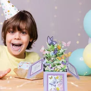 3D открытка с днем рождения, всплывающая бабочка, букет, подарочная коробка, поздравительная открытка на день рождения для семьи и друзей фиолетовый