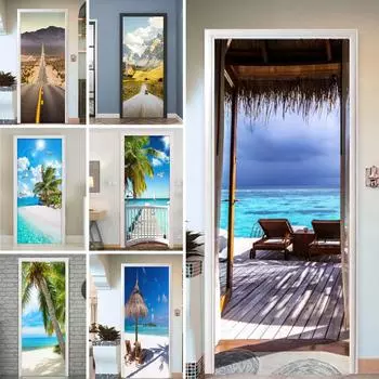 3D открытые двери, пляжное кресло, дверные наклейки для входа, спальни, ванной комнаты, европейские обои, украшения, винилы, современный дизайн 77x200cm(cut 2 pcs)