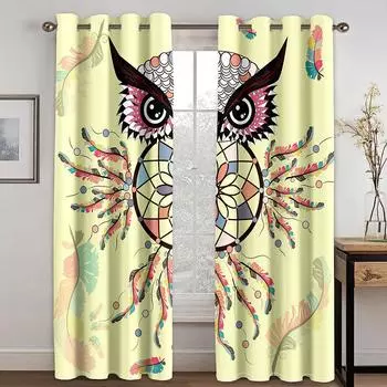 3D Owl Colored Dream Catcher Curtains 2 Panel Kids Room Decor Curtains Living Room Bedroom Balcony Kitchen Study Room Decor 50W130H(CM)X2PCS&Grommet Top