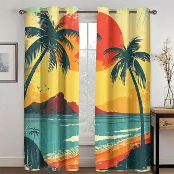 3D Palm Tree Sea Coast Retro Sea View Curtains Beach Sunset Living Room Bedroom Kitchen Balcony Decor New Products Promo 2 pcs 50W130H(CM)X2PCS&Grommet Top